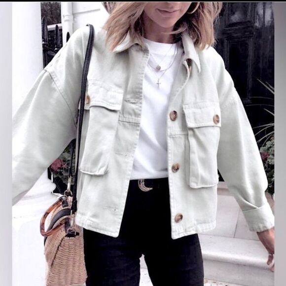 ZARA Light Wash Cropped Utility Jacket Size S - Picture 1 of 10